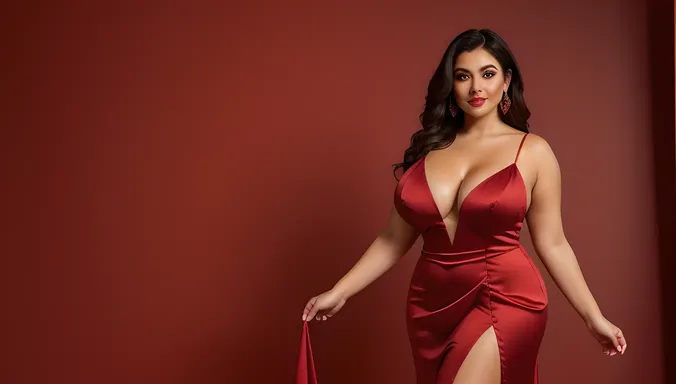 Confident BBW in Stunning Red Evening Gown HD Photo