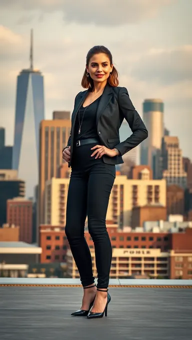 Confident Background Actress in City Skyline