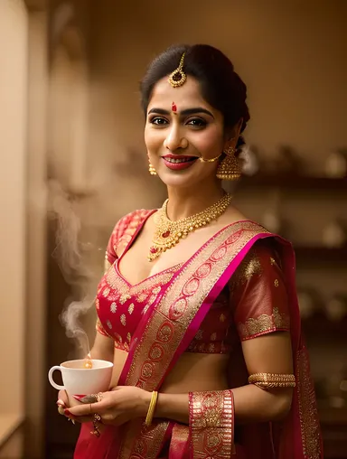 Confident Bhabhi with Chai in Traditional Outfit