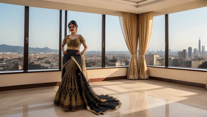 Confident Dulhan in Black and Gold Evening Gown in Luxury HD PNG.