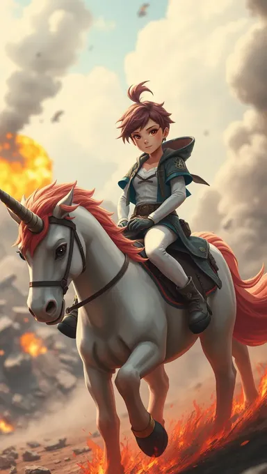 Confident Girl Rides Fiery Unicorn in Dramatic Scene