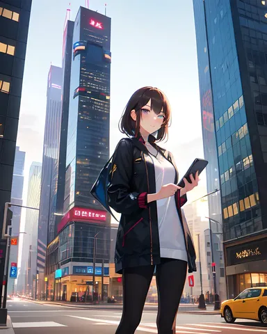 Confident Gril in Futuristic City with Tablet in Hand
