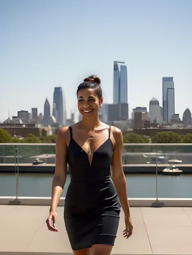 Confident Housewife in Seductive Black Dress at City Skyline