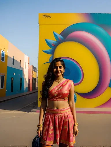 Confident Indian Teen Stands in Front of Vibrant Street Art