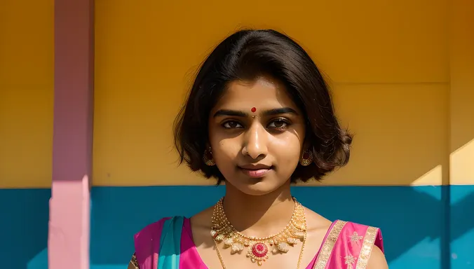 Confident Indian Teen with Bright Pink Bindi and Necklace
