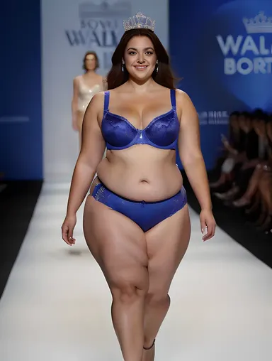 Confident Plus-Size Bra Model on Catwalk with Sash