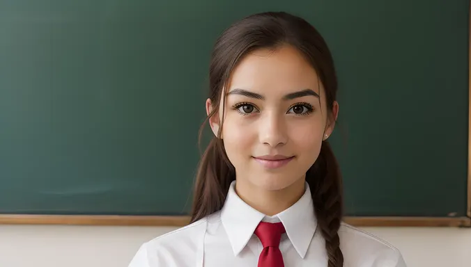 Confident School Girl Stands in Front of Blackboard with Tie