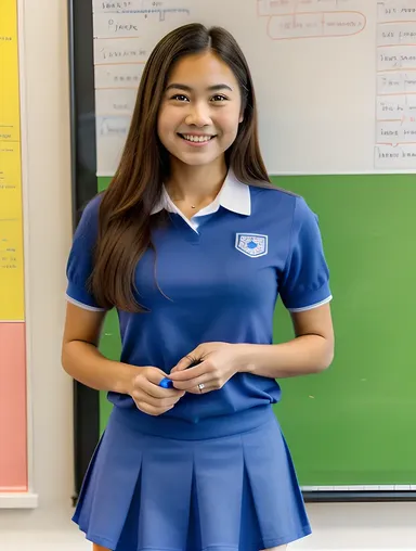 Confident School Girl in Blue Uniform with Markers and Textbooks