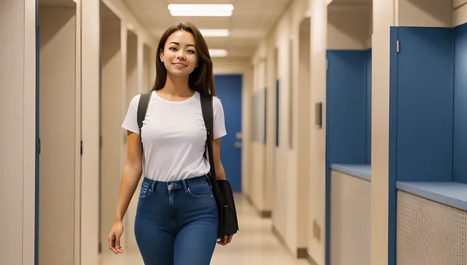 Confident School Girl with Backpack and Jeans