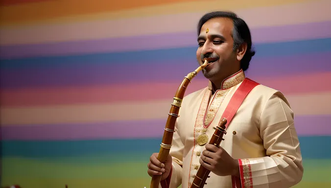 Confident Shehnai Player Performs in Traditional Attire
