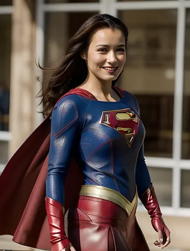 Confident Supergirl in Superhero Costume, Hair Flowing in Wind