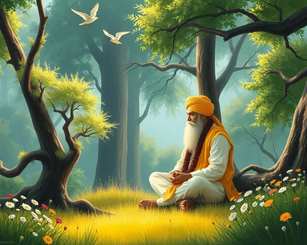 Contemplative Depiction of Guru Nanak Dev Ji in Forest PNG Image