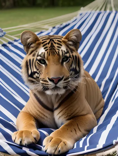 Contented Tigon Lounges in Hammock with Curled Paws