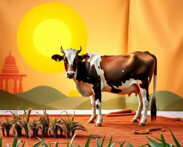 Cow in Front of Pongal Backdrop with Paddy Plants PNG