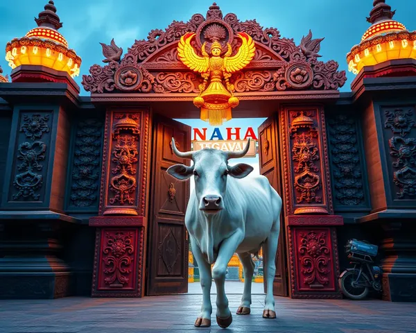 Cow in Front of Pongal Gate with Intricate Carvings PNG