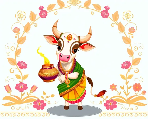 Cow in Traditional Indian Attire with Pongal Pot PNG