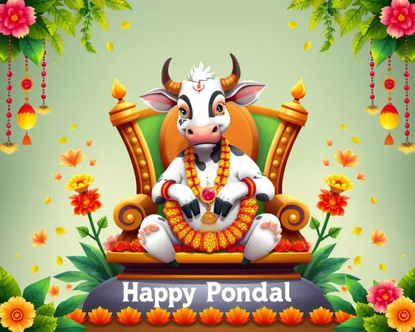 Cow on Pongal Throne with Flowers and Leaves PNG