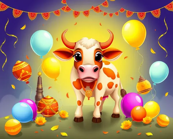 Cow with Pongal Balloons and Streamers PNG