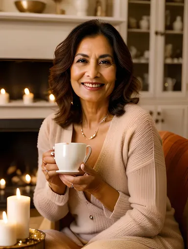 Cozy Beauty Aunty Sipping Tea by Candlelight