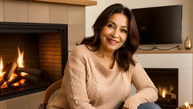 Cozy Beauty Aunty with Family Photos and Fireplace
