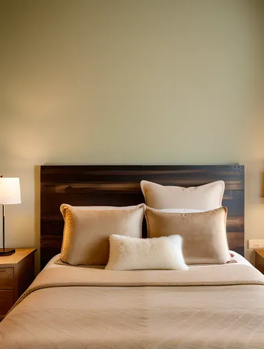 Cozy Bedroom with Plywood Headboard and Soft Lighting