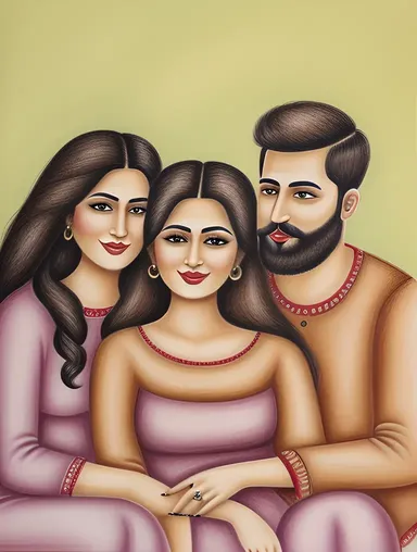 Cozy Bhabhi with Loved Ones in Hand-Drawn Illustration