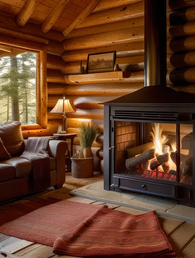 Cozy Cabin in Woods with Warm Fire and Plush Throw Blankets