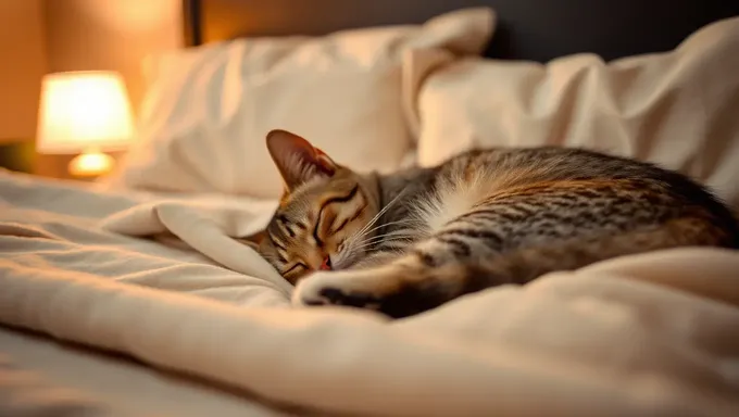 Cozy Cat Snoozes on Soft Blanket with Warm Lamp Nearby Zzzzz