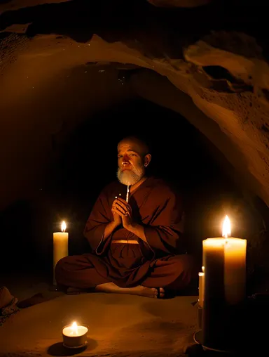 Cozy Cave with Monk and Candles