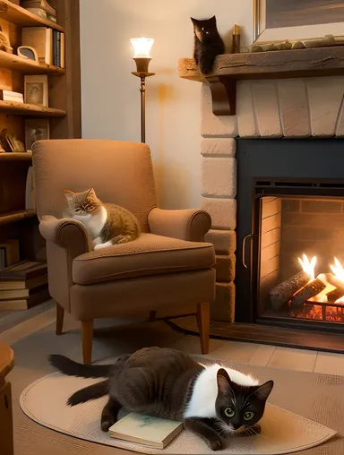 Cozy Chara with Books and Cats by Fireplace