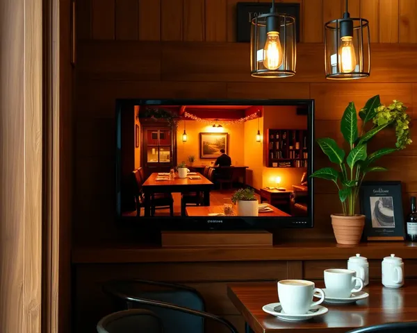 Cozy Coffee Shop with 18x12 TV and Rich Wood-Toned Background