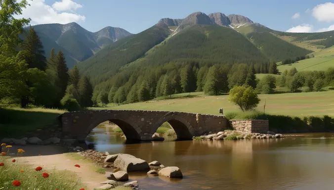 Cozy Countryside Hostel Background with Rolling Hills and Bridge
