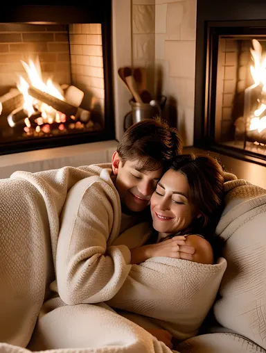 Cozy Girl and Boy Snuggle Up on Couch with Hot Cocoa
