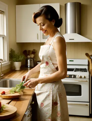 Cozy Housewife's Kitchen Scene with Floral Dress and Apron