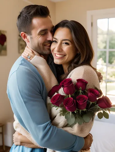 Cozy Hug with Roses for Romantic Couple