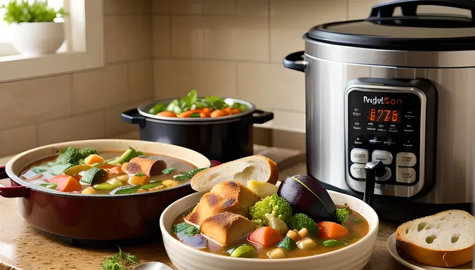 Cozy Kitchen Scene with Crockpot and Fresh Vegetables
