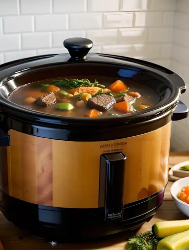 Cozy Kitchen Scene with Hearty Beef Stew and Fresh Vegetables