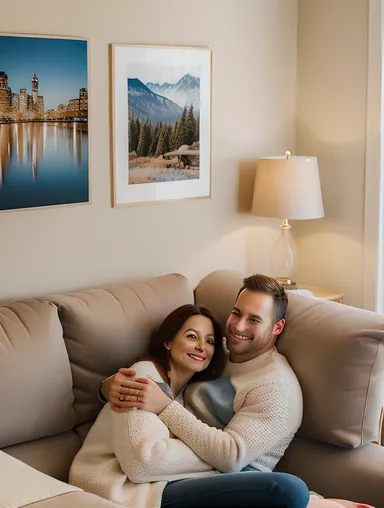 Cozy Living Room Background with Cuddling Husband and Wife