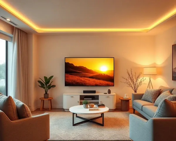 Cozy Living Room with 18x12 TV and Warm Golden Background