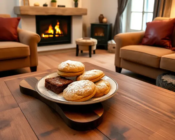 Cozy Living Room with Freshly Baked Biskut on Wooden Table