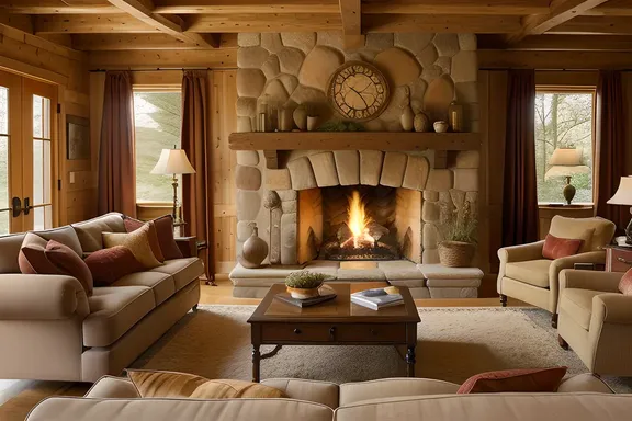 Cozy Living Room with Plush Couches and Crackling Fire