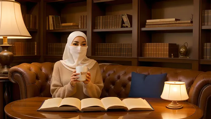 Cozy Niqab-Wearing Girl Reads in Library with Hot Chocolate