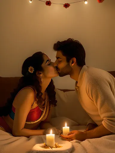 Cozy Radha and Krishna's Romantic Candle Kiss