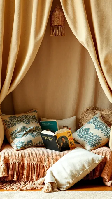 Cozy Reading Nook with Beige Background and Soft Textiles