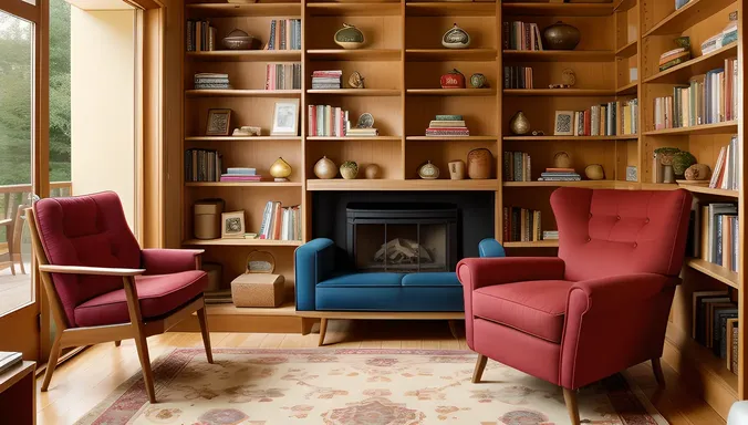 Cozy Reading Nook with Plywood Bookshelf and Plush Armchair