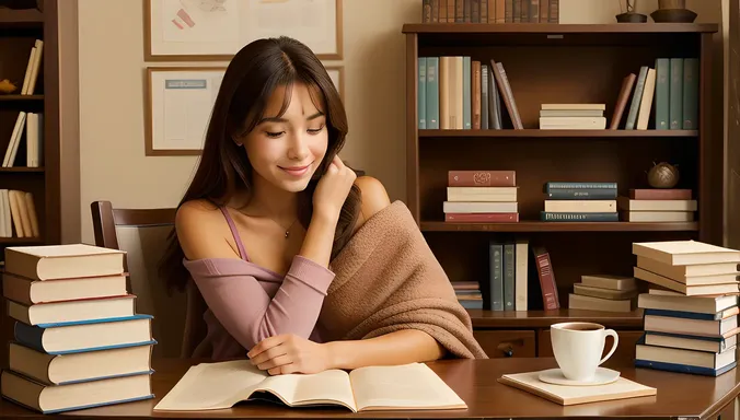 Cozy School Girl Studies with Hot Chocolate and Blanket