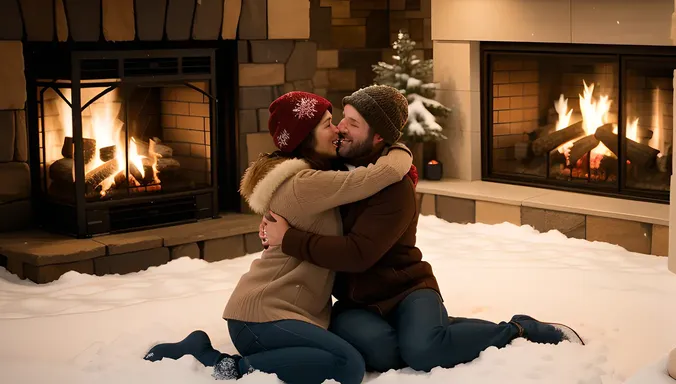 Cozy Snowy Night Hug with Fireplace and Snowflakes