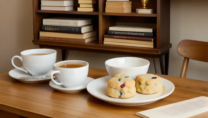 Cozy Study with Steaming Tea and Fresh Scones