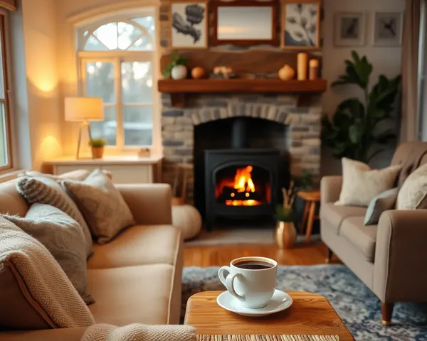 Cozy Sunday Morning with Coffee and Crackling Fireplace