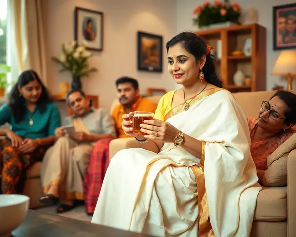 Cozy White Saree Woman with Family and Tea